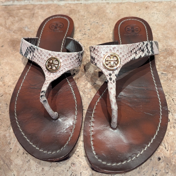 Tory Burch Cameron flip flops Leather Thong Sandals Snakeskin Roccia Python 7.5 - Picture 2 of 4